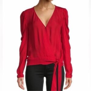 NWT Parker Silk Wrap Top Blouse Puff Long Sleeve Red Size L
